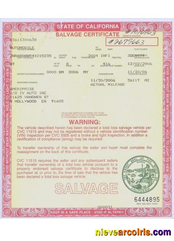 USA California salvage certificate
